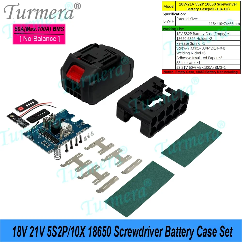 Turmera 18V 21V Battery Case for Makiita 5S2P 10X18650 Core 70A Balance BMS 50A Weld Nickel Set Screwdriver Battery Case