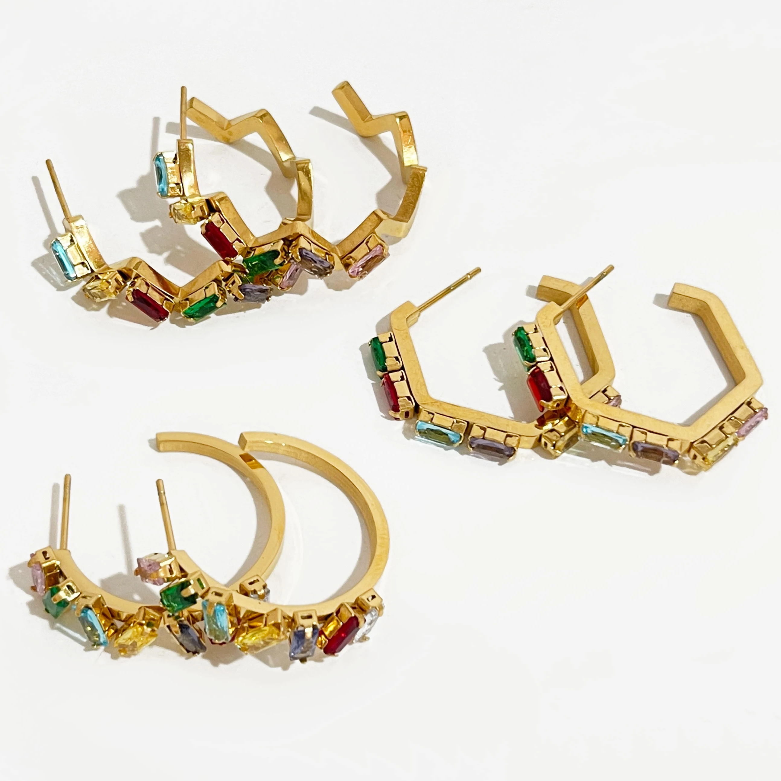 Peri'sbox Dainty Rainbow Baguette Cz Zircon Hoop Earrings Women Stainless Steel Gold Pvd Plated Crystal Jewelry Christmas Gift