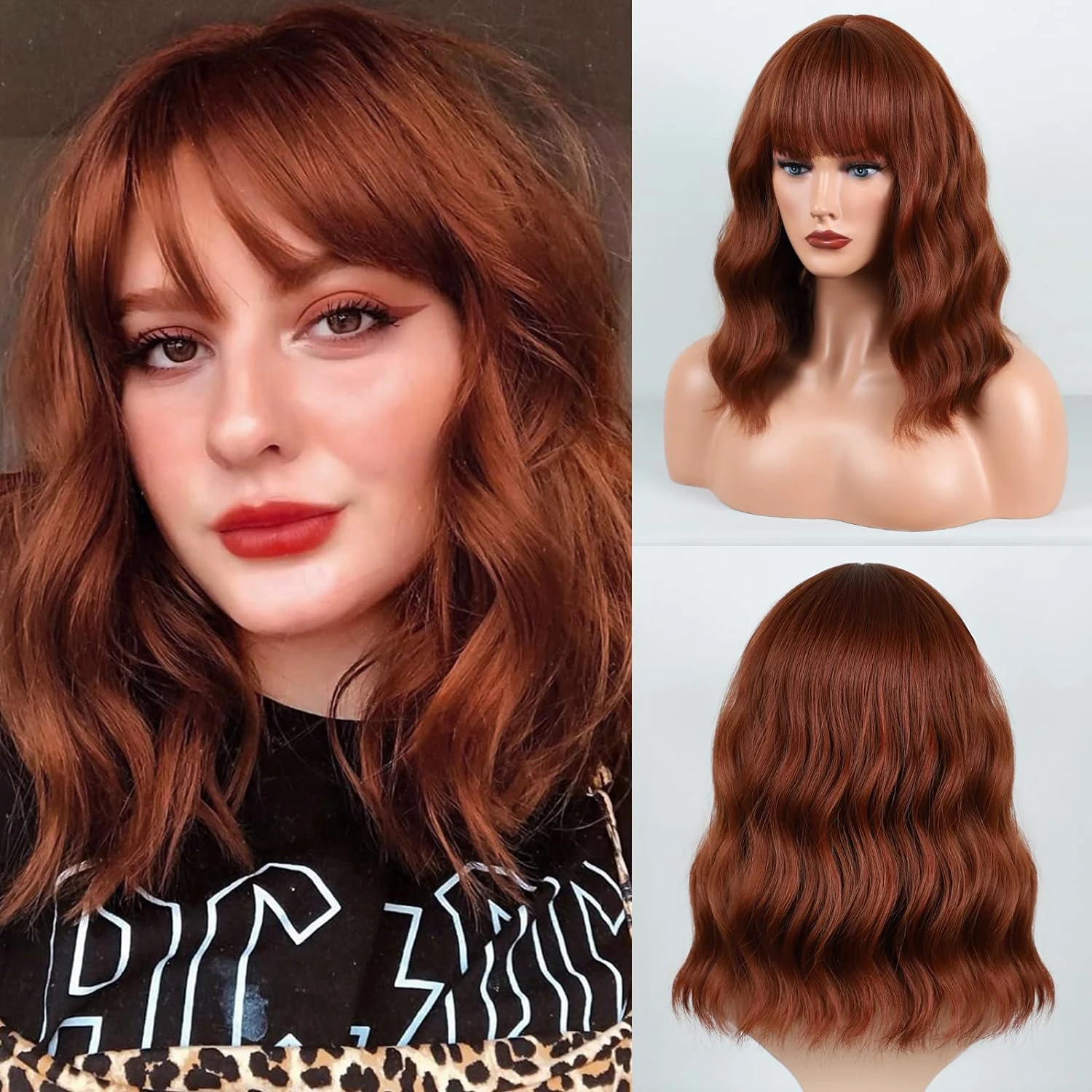 14 Inch Synthetic Curly Bob Synthetic Wig With Bangs Short Bob Wavy Hair Wigs For Women Bob Style Synthetic Heat Resistant Wigs