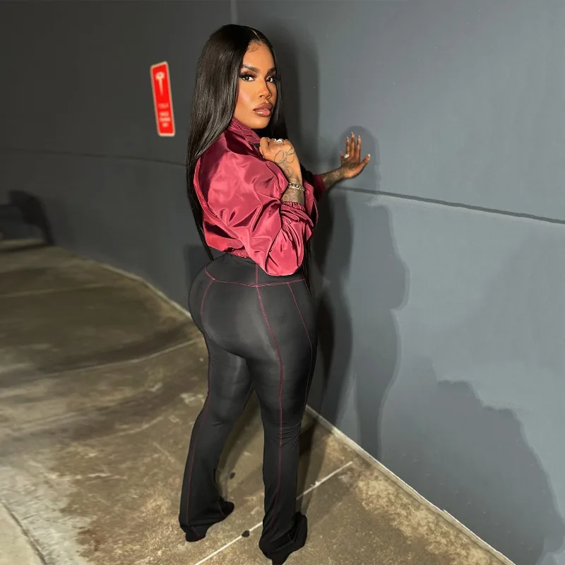 أزياء المرأة عارضة 2 قطعة مجموعة رياضية لامعة سحاب أكمام طويلة جيوب جاكيتات أعلى + نحيل مضيئة السراويل الشارع الشهير الدعاوى