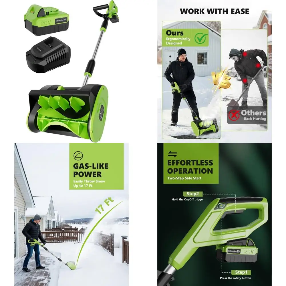 

Беспроводная 12,5-дюймовая электрическая лопата для снега с литий-ионным аккумулятором емкостью 20 В, 4,0 Ач и направляющей пластиной для легкого удаления снега