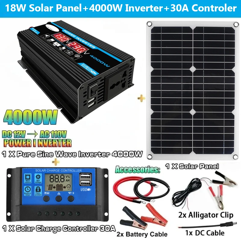 

12V to 110V/220V Solar Panel System 12V Solar Panel Battery Charge Controller 4000W Solar Inverter Kit Complete Power Generation