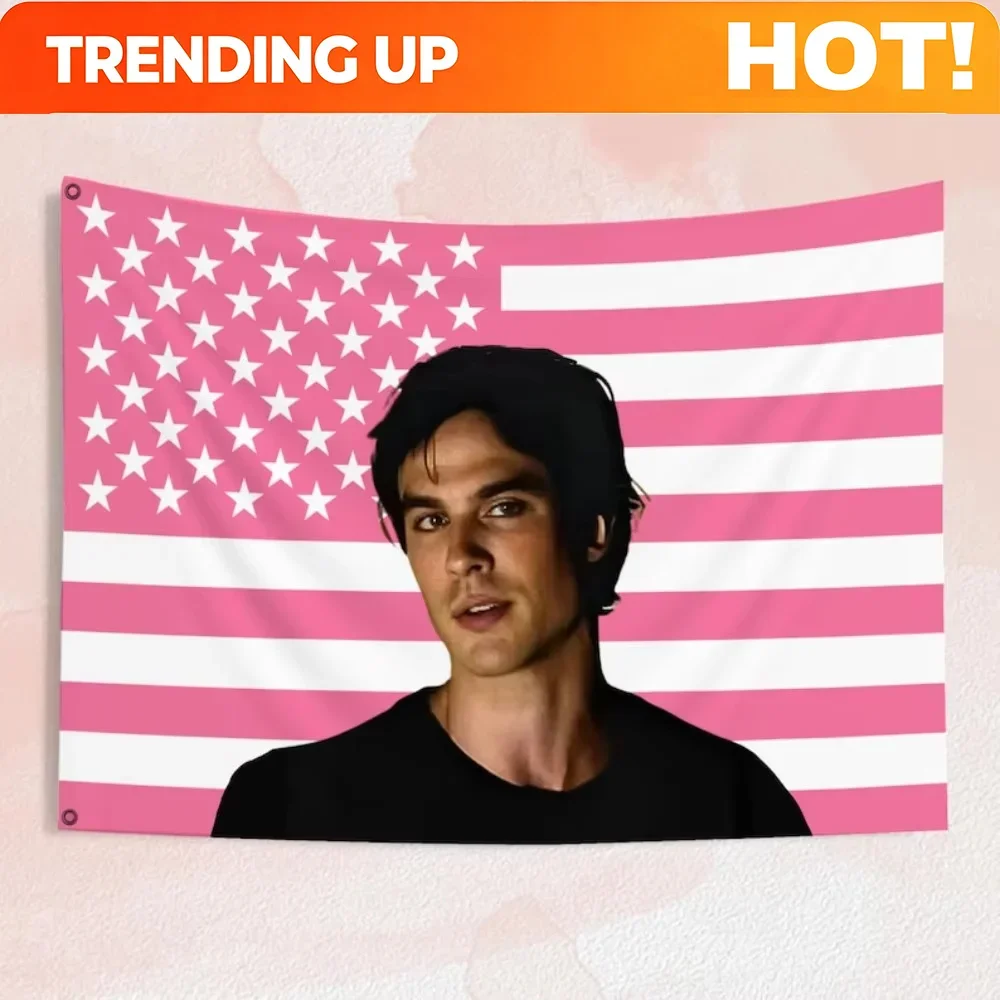 Customization Damon Salvatore Pink Flag Outdoor Decor | Fun Custom Y2K Wall Hanging Banner, Personalized Room & Bedroom Home Dec