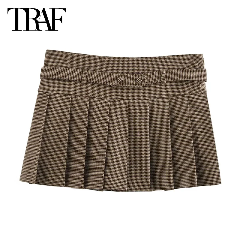 TRAF Women's Mini Skirt Pants 2024 Autumn Mid Waist Belt Skirt Shorts Fashion Casual Elegant Party Pleated Short Skirts Female