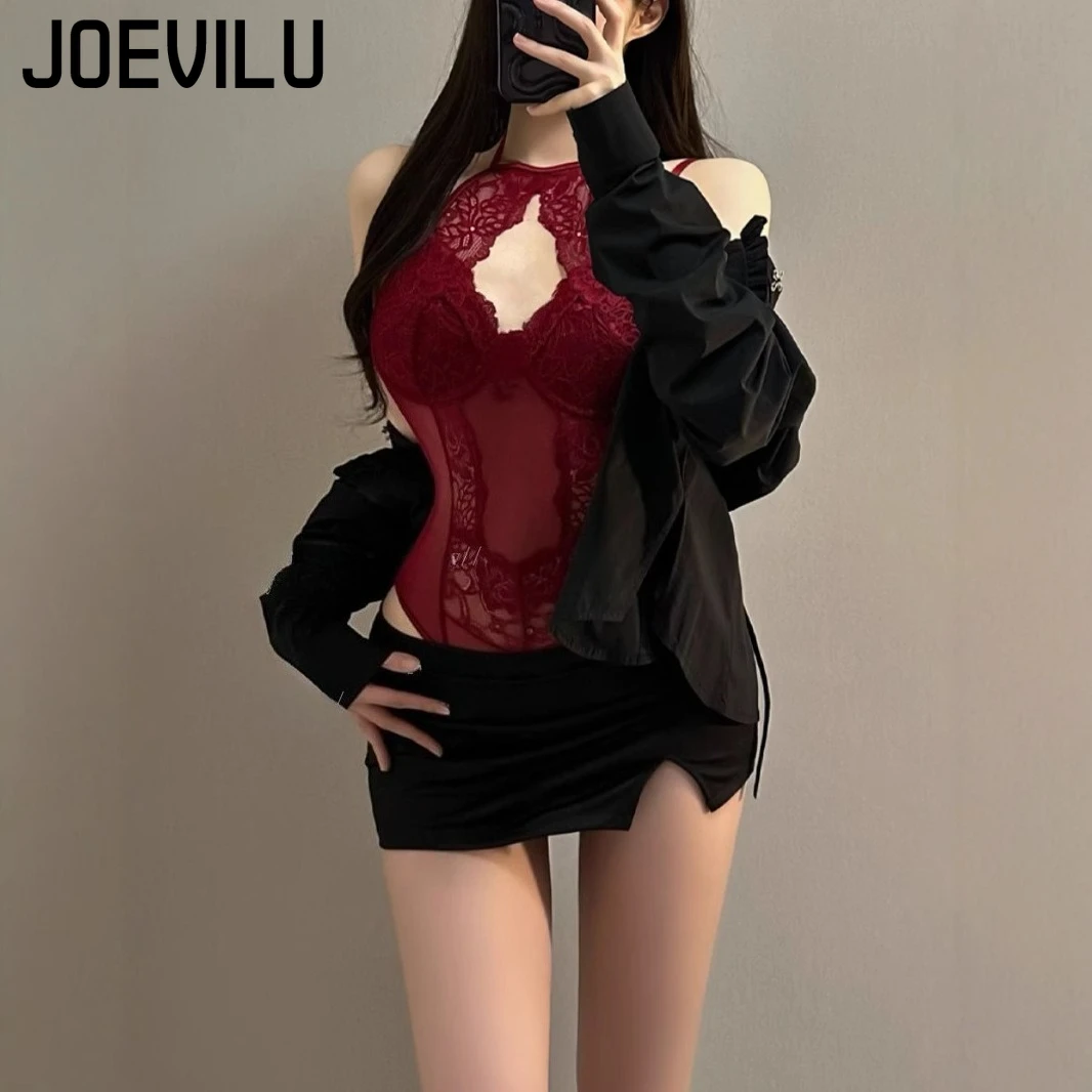 French Chic Lace Halter Neck Bodysuit Cut Out Sexy Lace Trim Padded Tops Y2K Aesthetic Tee Summer Sleeveless Hollow Out Outfit