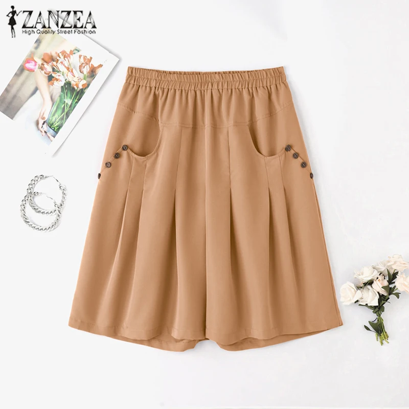ZANZEA 2025 été femmes solide demi-Shorts mode taille élastique bouton pantalon court décontracté poche salopette bas coréen