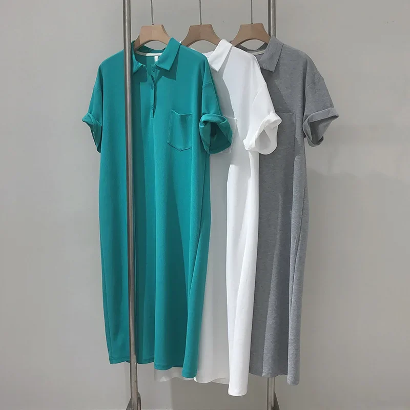 Women Polo Dress Clothes For Lady 2024 Summer Solid Color Korean Fashion Casual Loose Short Sleeve Long T-shirt Dresses New