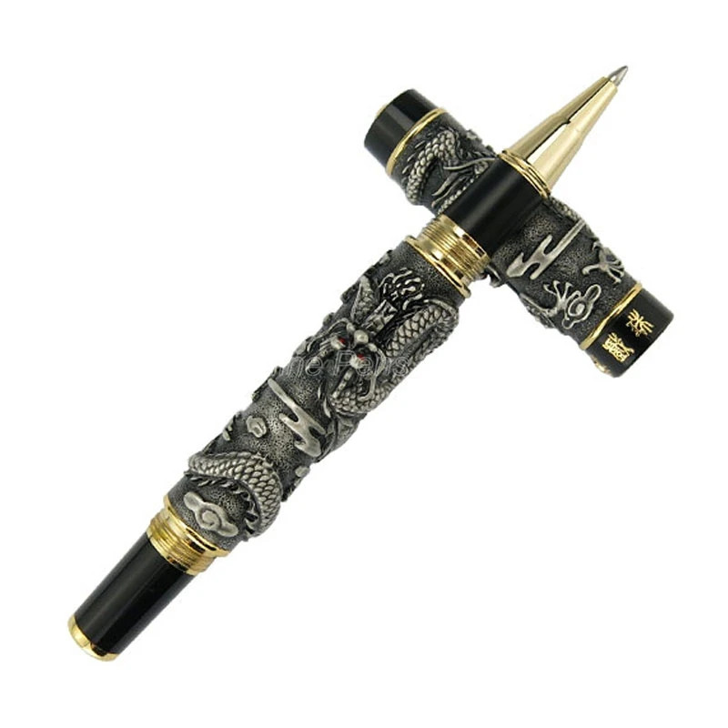 No Gift Box Jinhao Ancient Gold & Grey Roller Ball Pen Double Dragon Playing Pearl Metal Carving Embossing Heavy Pen Grey JDF001