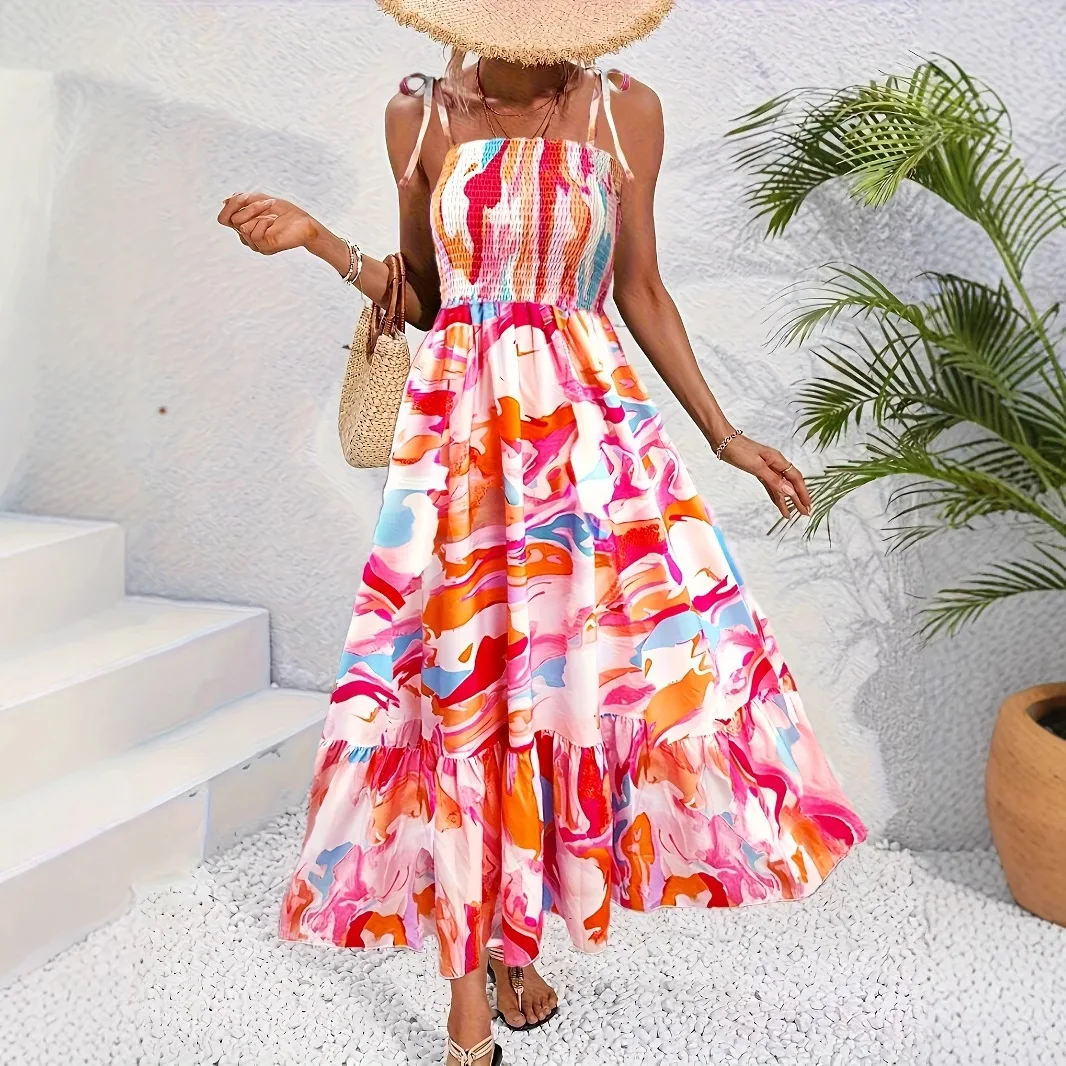 Sommer bedrucktes, florales, langes Hosenträgerkleid, 2025, Sommer, rückenfrei, Urlaubsstil, lässiges Modekleid für Frauen