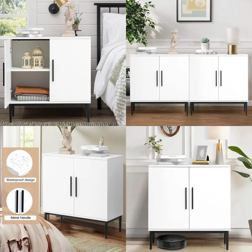 

Storage Cabinet with Doors, White Accent Cabinet, Modern Free Standing Cabinet, Sideboard with Metal Base for Bedroom, Living Ro