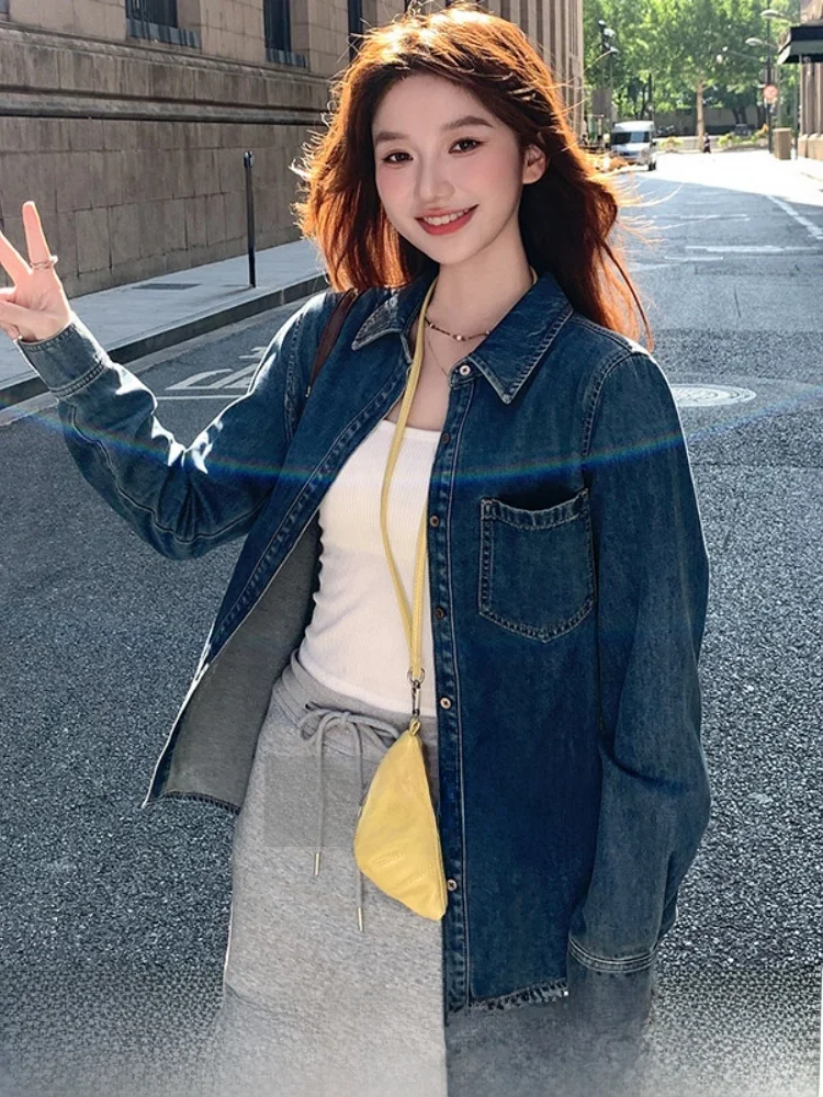 

Retro Denim Shirt Women's Long Sleeve Spring Autumn Layering Button up Cardigan Coat Tag Removed Loose Fit Comfortable Shirt
