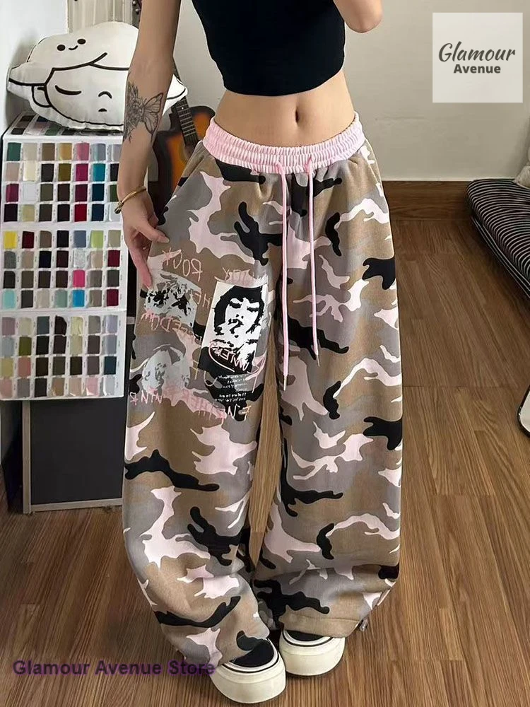 American retro camouflage contrast wide-leg panty women's street casual Joker drawstring mop machete pants in spring and summer.