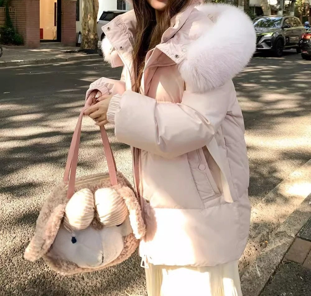 2025 Winter New Hooded Big Wool Collar Down Cotton Jacket Women's Short Style Fashionable and Beautiful Sweet Thickened