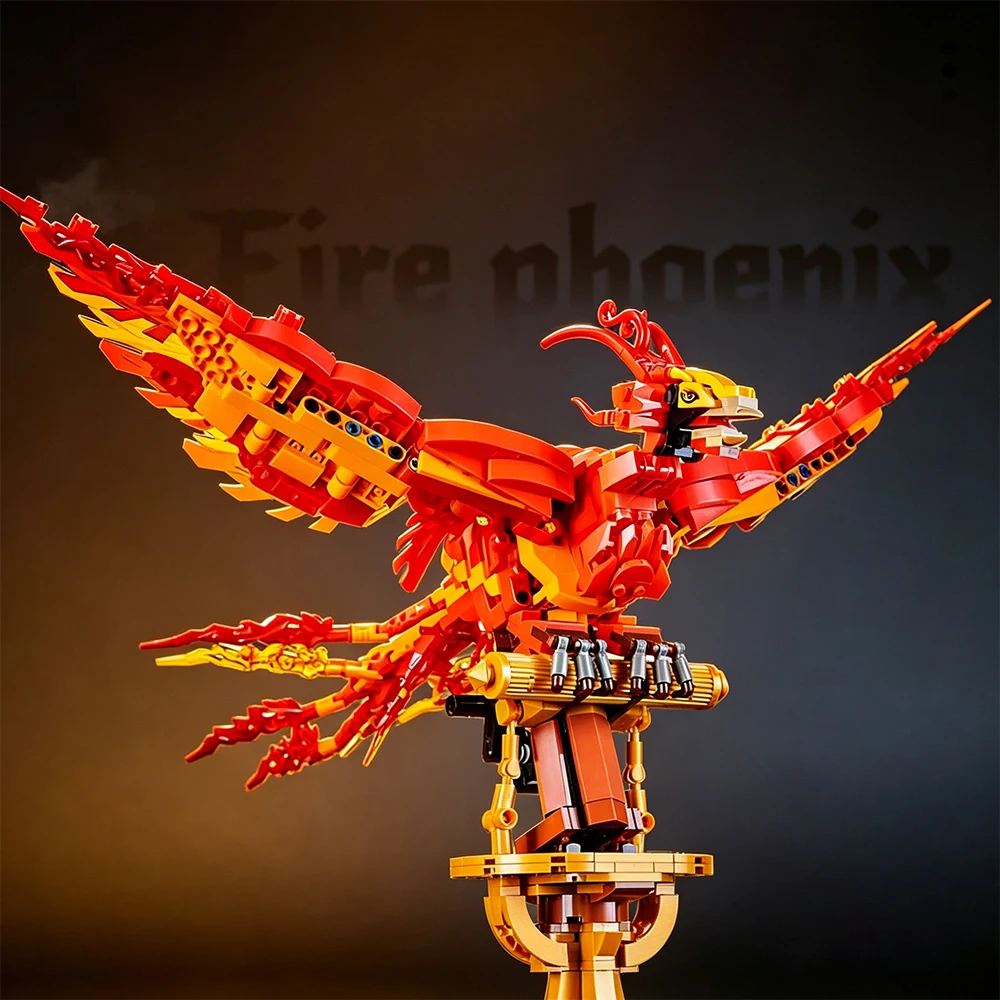 Fire Phoenix Mythical Bird Building Blocks Kit Mechanical Movable‑wing Design Assembly Model Household Table Ornament Gift Toy