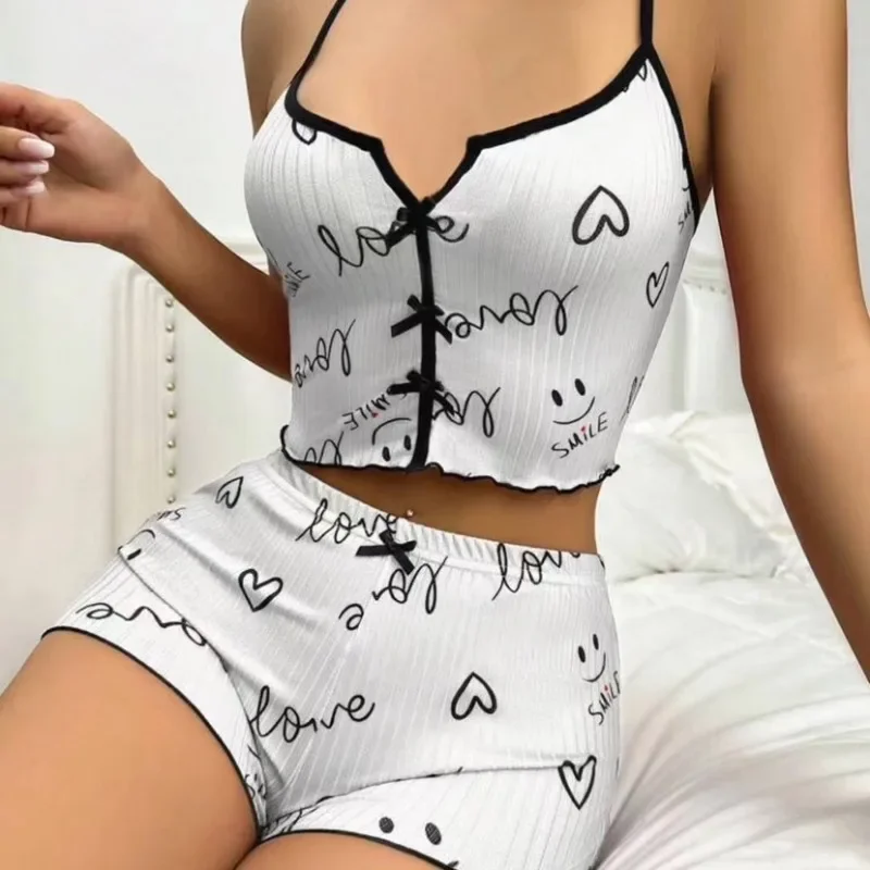 Sexy Sleepwear Women Pajamas Set Heart Print Silk Stain V-Neck Sleeveless Casual Cami Top and Shorts Sets Home Suit Loungewear