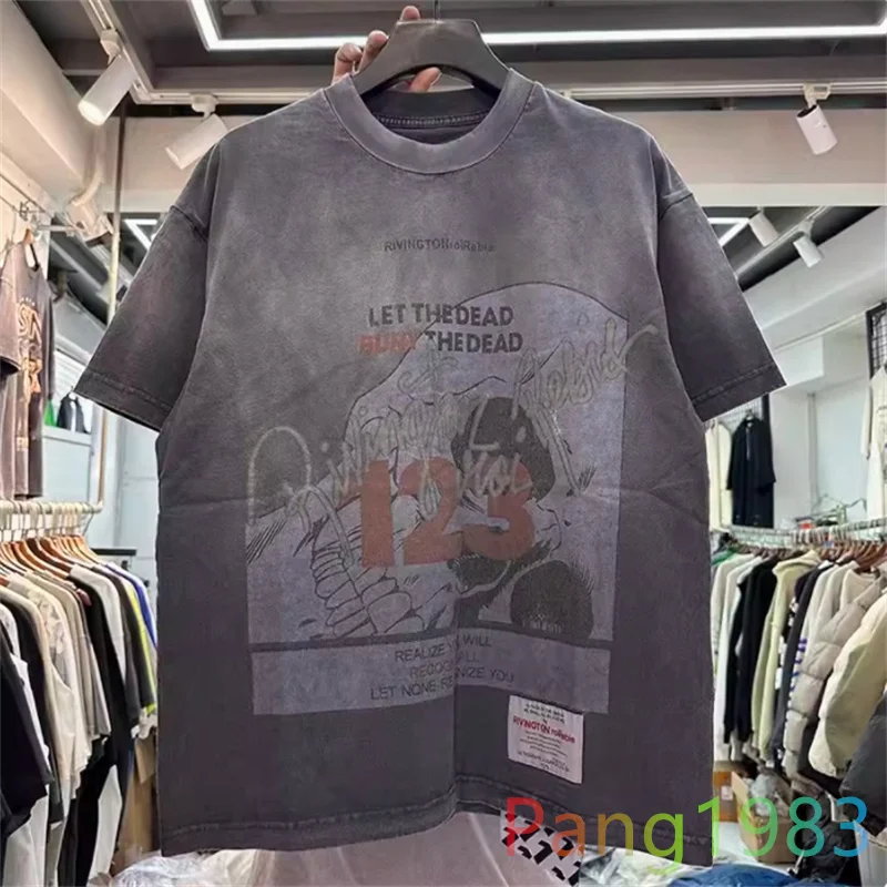 

RRR123 Heavy Fabric T-shirt Men Women High Quality Washed Old Letter Print T Oversize Retro Short Sleeves