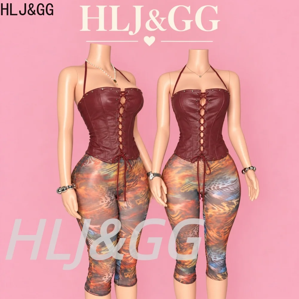 HLJ&GG Retro Print Mesh Capri Pants Two Piece Sets Women Halter Leather Bandage Top+See Though Pants Outfits Fashion Streetwear