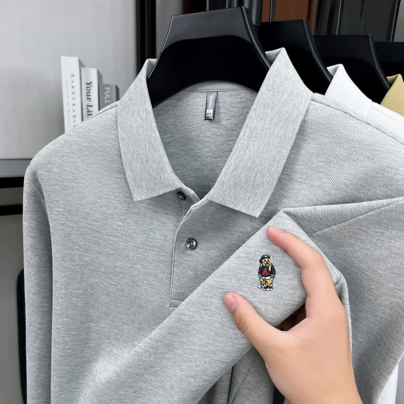 

High end brand 100% cotton long sleeve polo shirt fashion cartoon bear embroidery comfort casual T-shirt new luxury men's wear