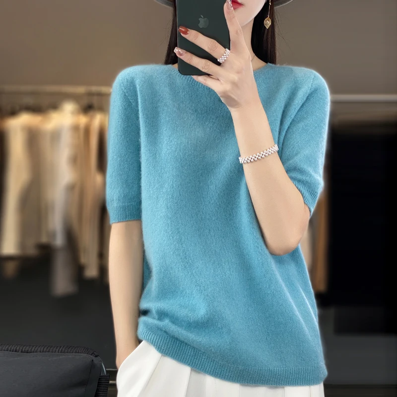 Fashion short half sleeve cashmere women\'s sweater 100% pure merino wool round neck pullover T-shirt