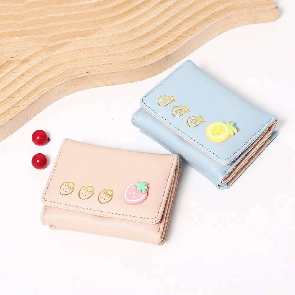 Cute Fruit Pattern Short Folding Card Bag PU Candy Color Trifold Wallet Causal Multi-card Slot Folding Wallet Outdoor