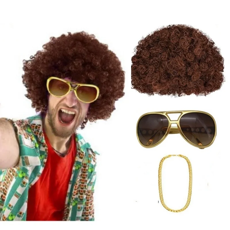 Adult Men Women Synthetic Curly Hair Wig Set Sunglasses Necklace Funny Disco Hippie Wigs Hip Hop  Party Cosplay Costume Props