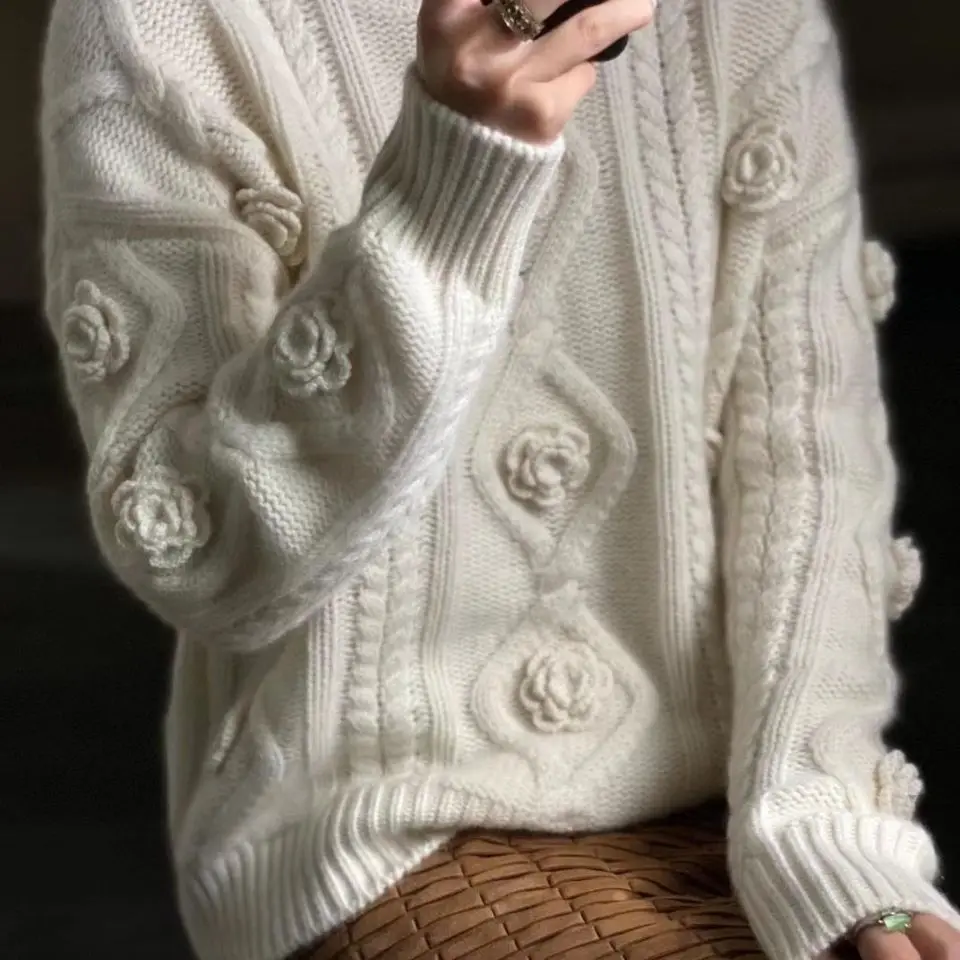 Women\'s 3D Roses Crocheted Pullovers Long Sleeve Twist Flowers Knitted Sweater Shirts Autumn Winter O-Neck Knitwear Jumper Tops