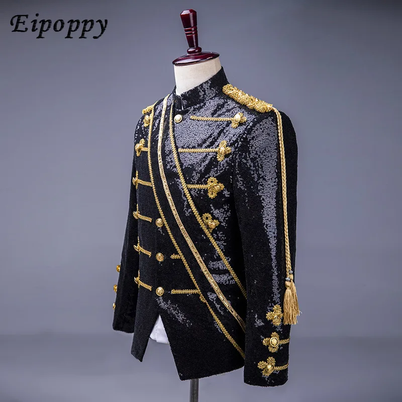 Black Paillette Stylist Men\'s Nightclub Gold Inlaid Performance Uniform Military Uniform Performance Dress