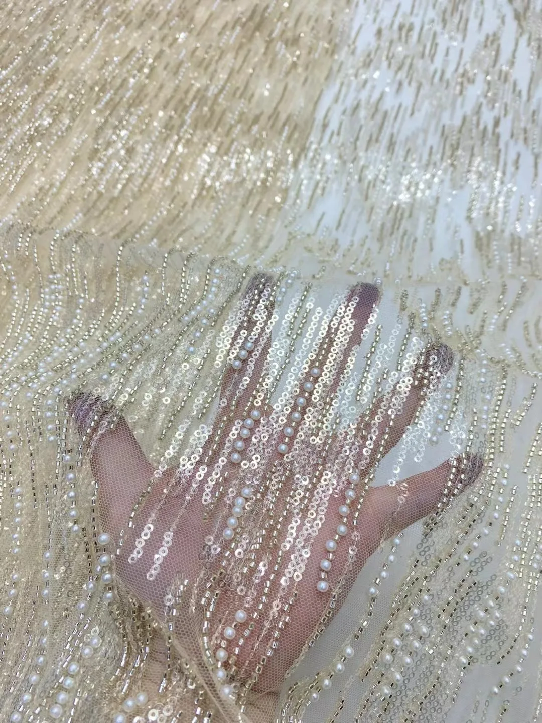 (5yards/pc) High quality coffee African wedding net lace embroidered pearl tube beads sequins tulle lace 10 colors FZX204