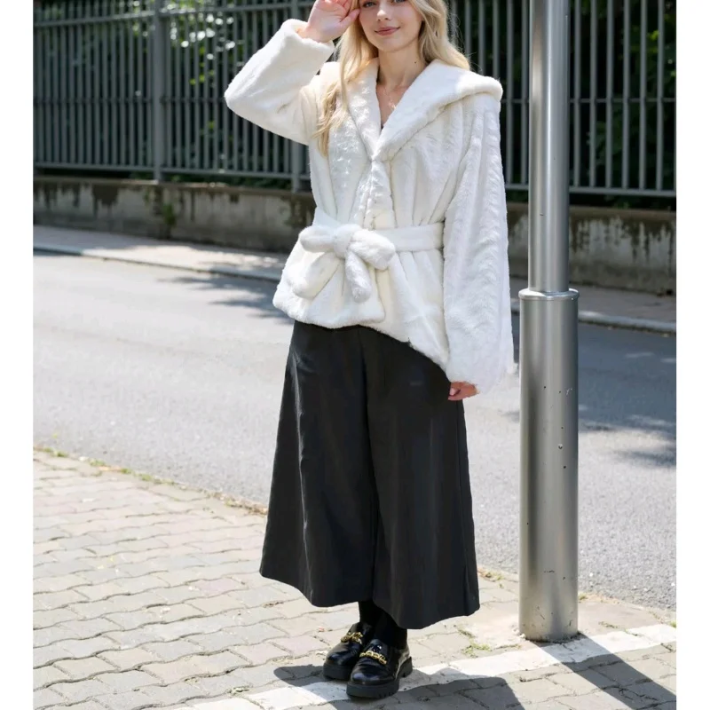 Luźny płaszcz ze sztucznego futra, nowy, zimowy, damski, modny, długi płaszcz ze sznurkiem, z kapturem, rozpinany kardigan, odzież wierzchnia.