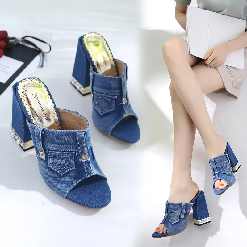 11cm Heels Denim Slippers for Women High Heels Casual 2023 Fashion Beach Outer Wear Jeans Slides Female Home Slipper Shoes