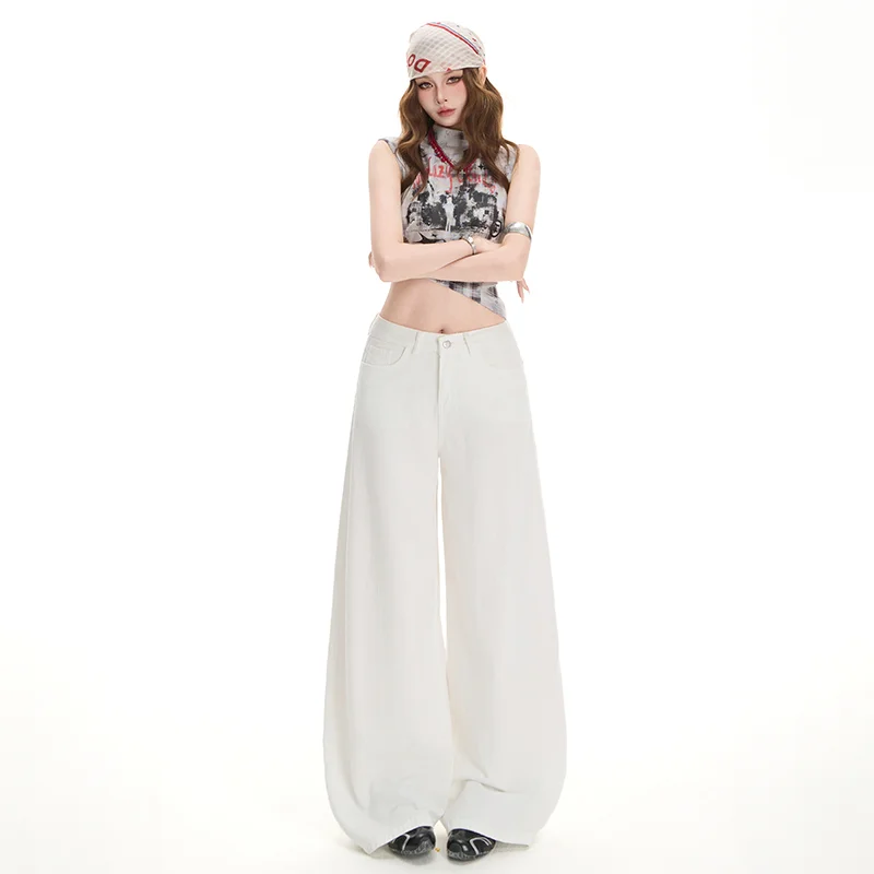 White High Waist Wide Leg Jeans Women's Three-Proof Fabric Pants Thin Silk Denim Mid-Calf Street Style Fashion Trend