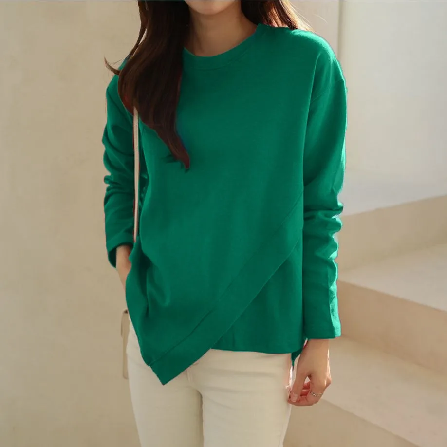 Algodão orgânico solto een redondo ne longo sve camiseta feminina topo design assimétrico confortável respirável casual irt