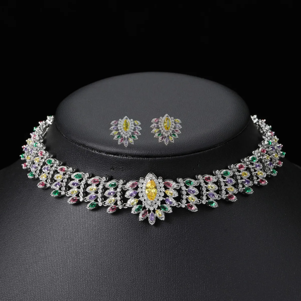 Silver Plated Multi Color CZ Gemstone Floral Choker Set Marquise Cut Yellow Stone Evening Party Dress Necklace Earring Jewelry