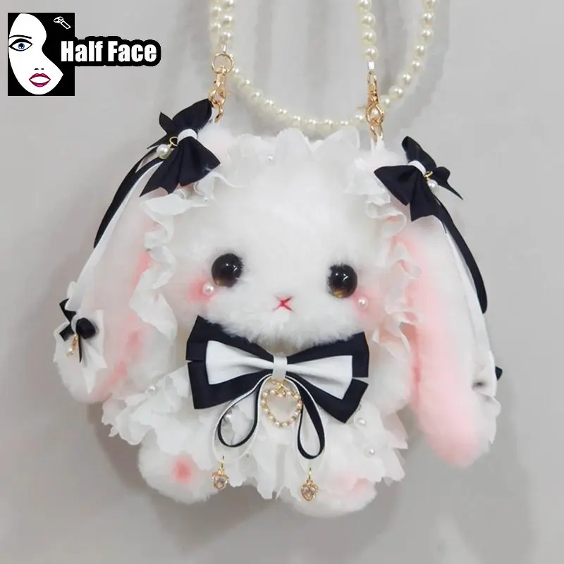 Y2K Girls Harajuku Gothic Women’s  One Shoulder Lolita macaron Rabbit Furry Pearl Chain Small Large Capacity Crossbody Bags Tote