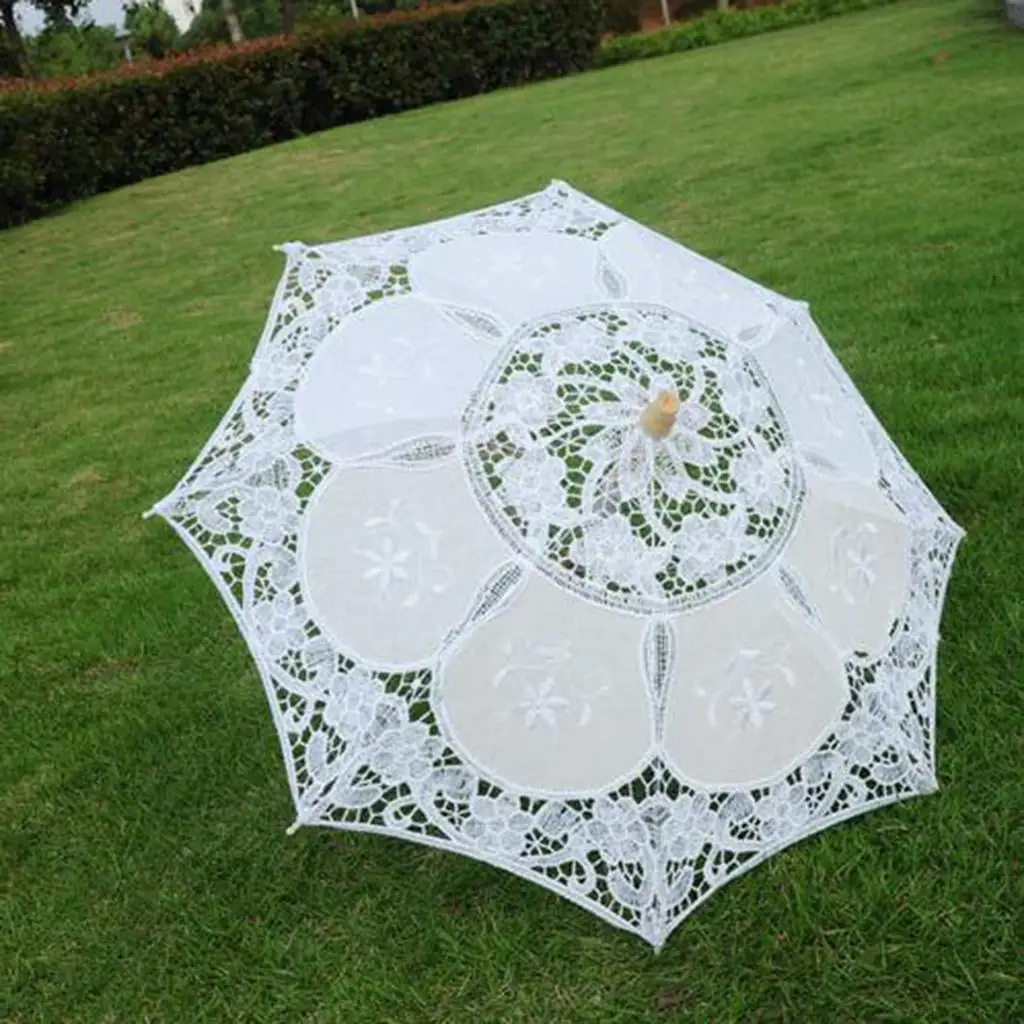 Elegant Lace Bridal Parasol Umbrella Embroidered Cotton Wedding Photography Prop for Bride Party Decoration Long Handle Gift