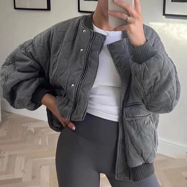 Stickerei Grau Lose Bomber Mantel Frauen Mode Einreiher Zipper Langarm Parkas Mäntel Weibliche 2025, Neue Herbst Winter