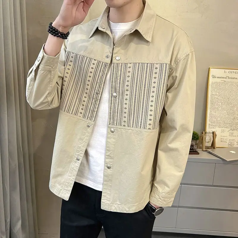 Men's Long-sleeved 2025 New Trendy Brand High-end Design Sense Splicing Trendy Handsome Casual Shirt Spring Shirt