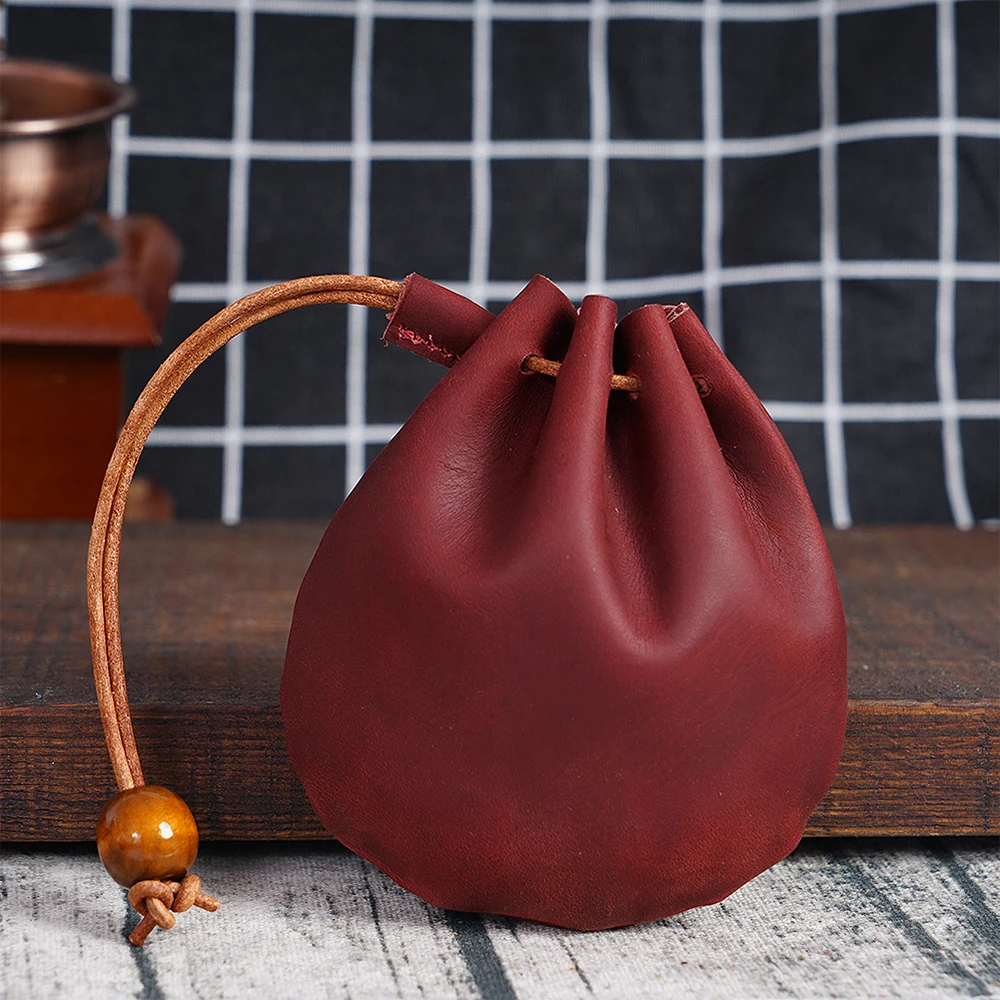 AIGUONIU Original Handmade Genuine Leather Unisex Coin Purse Cow Leather Coins Money Pocket Retro Wallet Drawstring Storage Bag