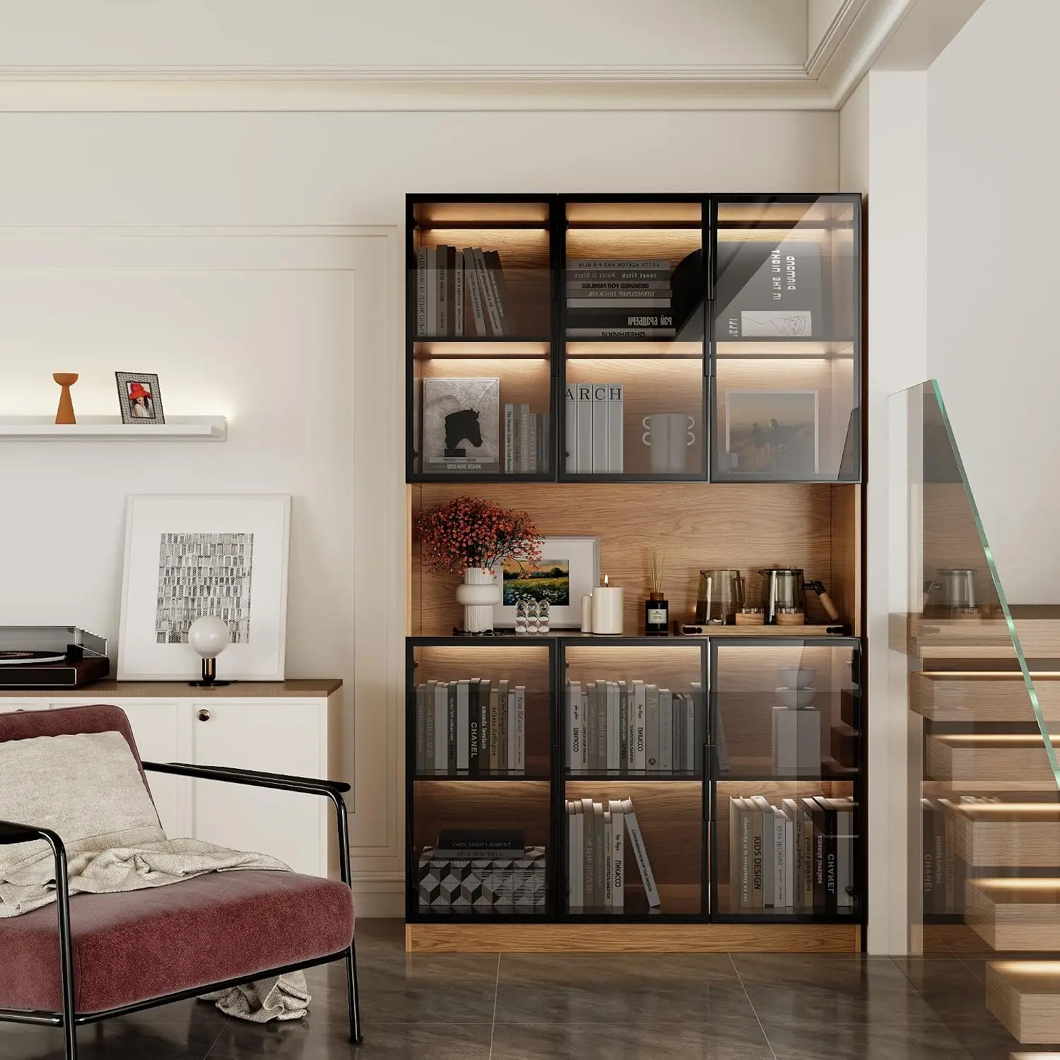 Wooden Display Cabinet Glass Doors & RGB Lights, 5-Tier Shelf Books Kitchen Pantry, Walnut 47.2