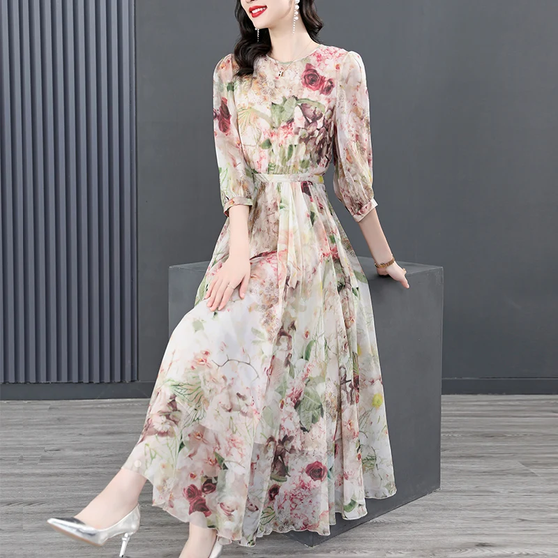 2024 New Summer Silk Dress Women Clothes Floral Beach Boho Dresses for Women Midi Plus Size Dress Elegant Vestidos