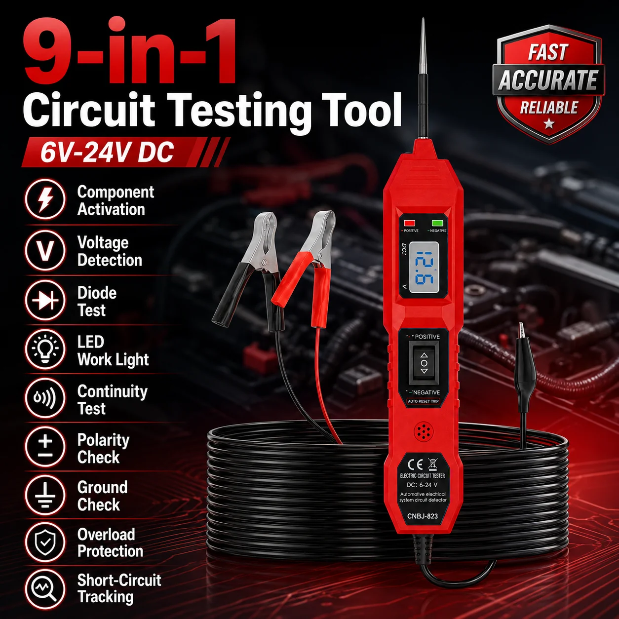 Cnbj-823 Automotive Power Circuit Probe Tester, 6-24Vdc Digital Automotive Electrical System Tester, with Voltage Display, Polarity Indication, Continuity Test, and Auto-Reset Function, Suitable for Circuit Diagnostics in Automotive, Truck, Motorcycle, and Rv Repair Applications