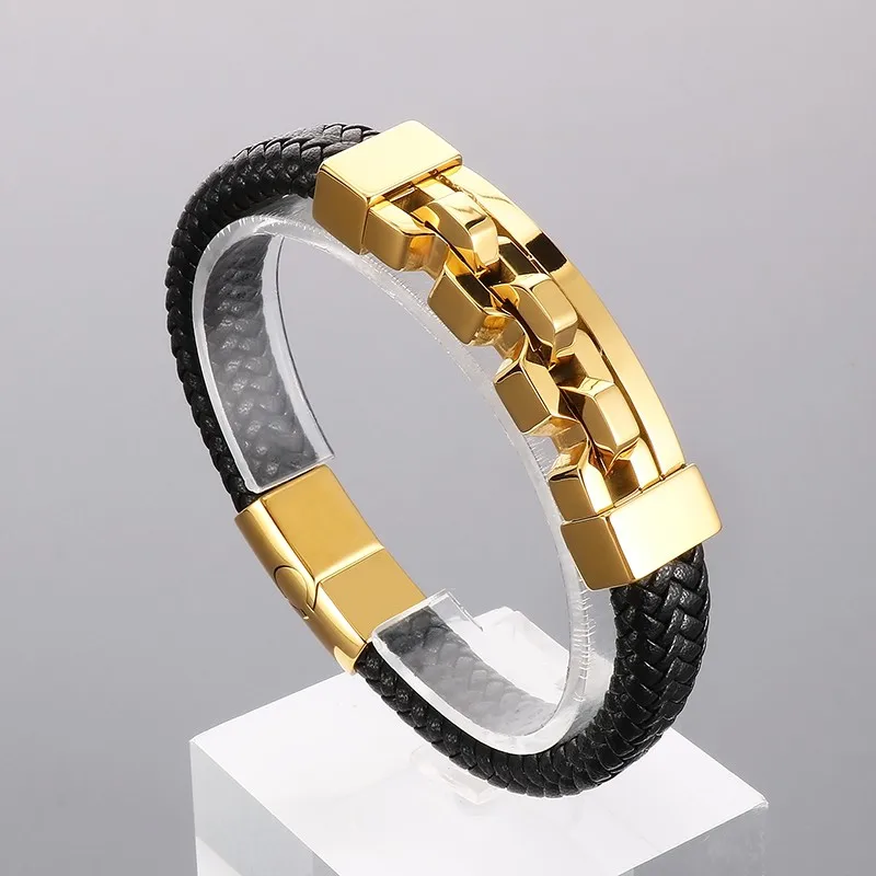 

210mm Punk Style Geometric Stainless Steel Leather Bracelet Silver/ Gold/ Black Color