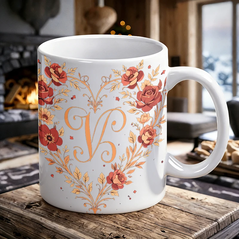 

Warm Orange Floral Letter Ceramic Mug with Handle, Creative Coffee Mug, Milk Cup, Office Tea Cup, Drinking Cup, Fade-Resistant