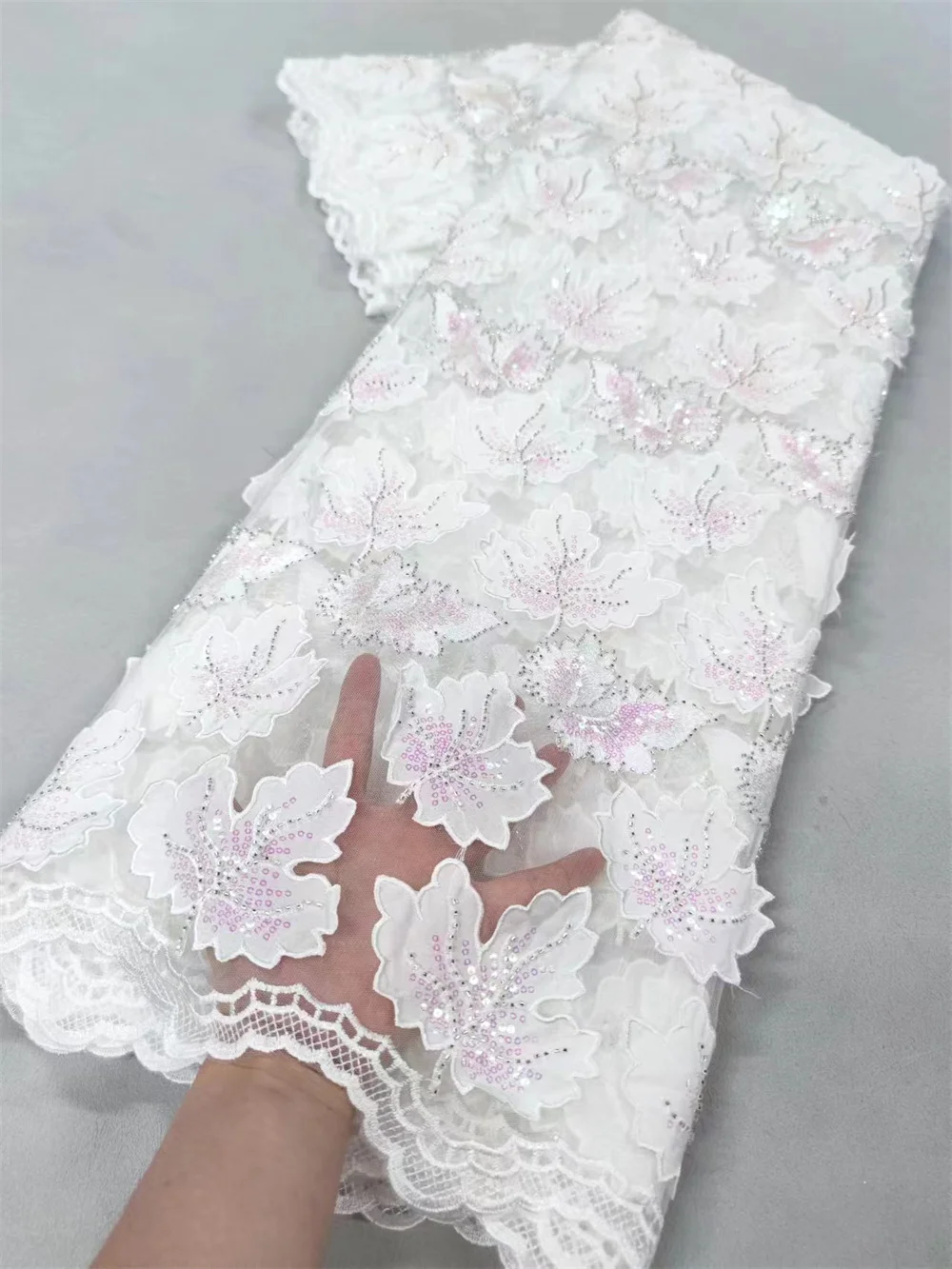 White Nigerian Lace Fabric 2024 High Quality  Net Chiffon Beaded And Sequence Lace Fabric  2024 High Quality Evening DressA161-2