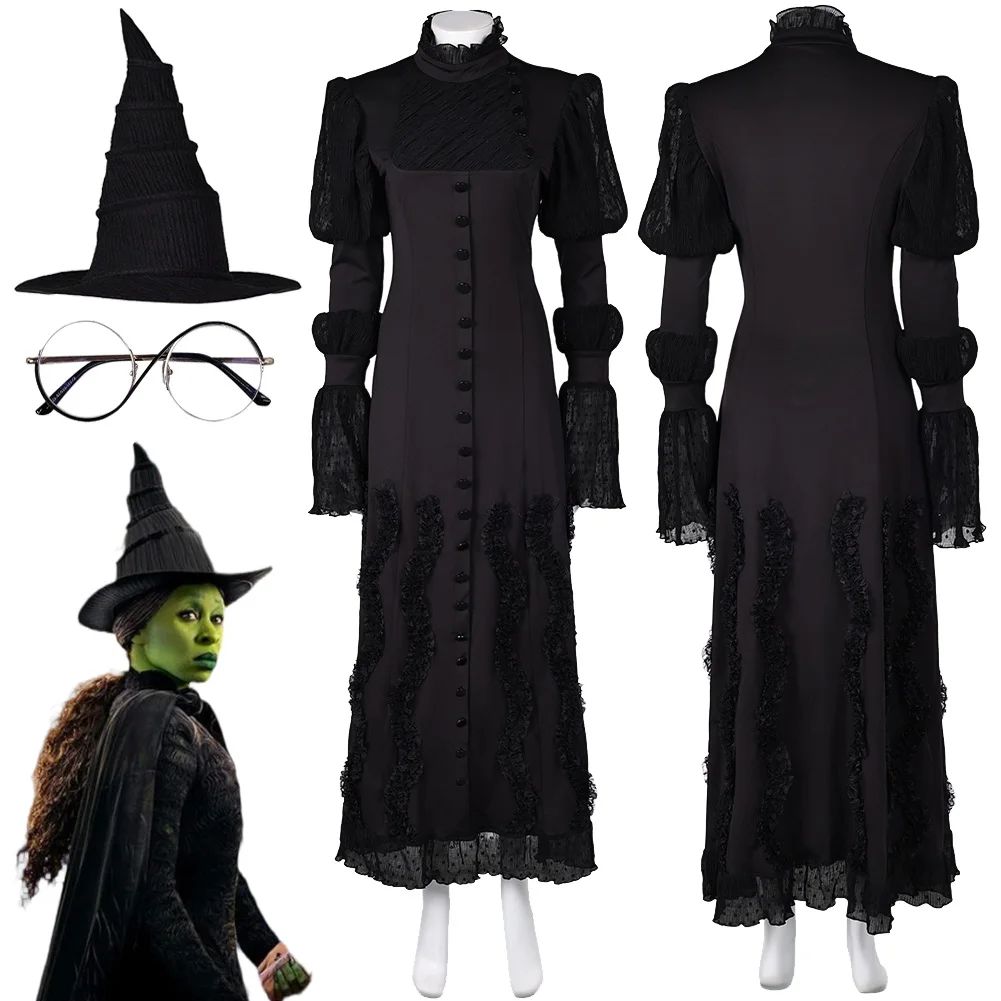 Witch Elphaba Cosplay Fantasy Hat Eyeglasses Clothing 2024 Movie Wiked Costume Disguise Adult Women Roleplay Fantasia Outfits