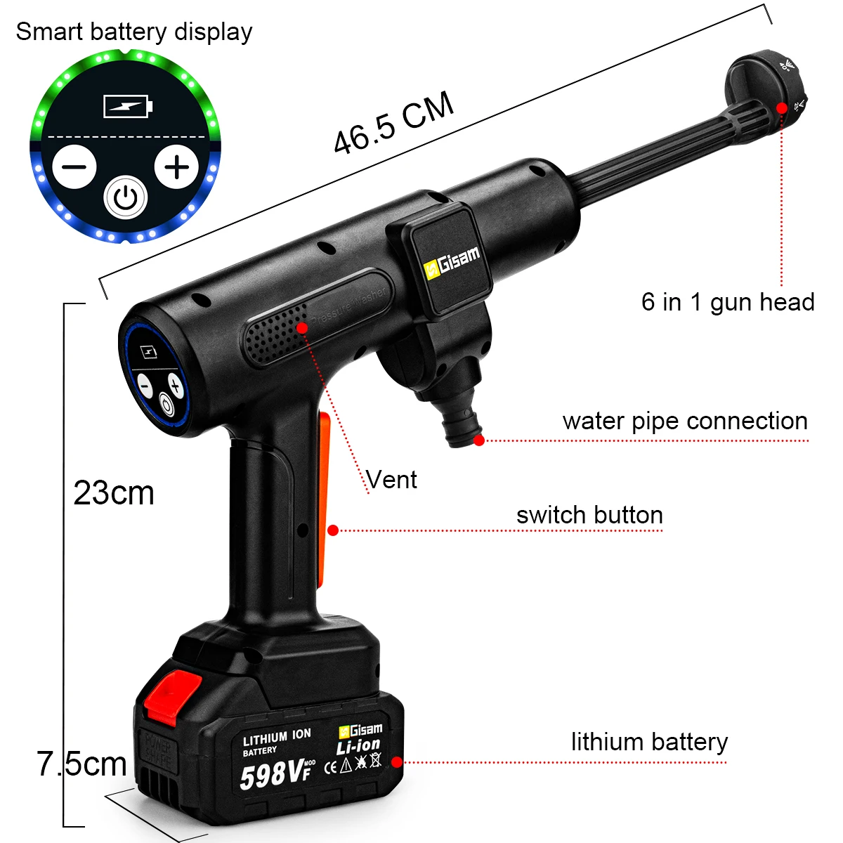 Gisam 200BAR 6-in-1 Brushless Cordless High Pressure Car Washer Rechargeable Lithium Battery Car Cleaning Washer Spray Water Gu