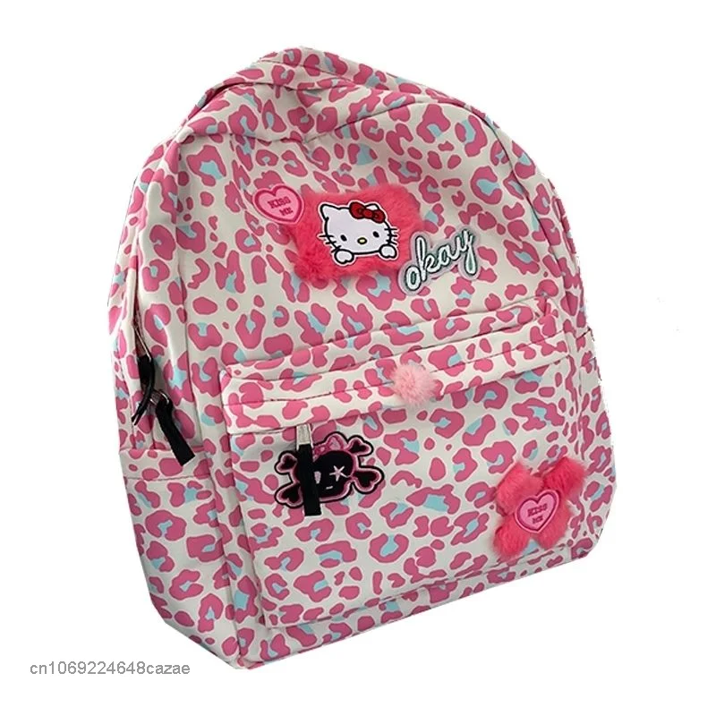 Sanrio Hello Kitty Y2K Fashion Backpack Sister Cute Pink Leopard Print Schoolbag Sweet Cartoon Animation Zipper Student Bag Girl