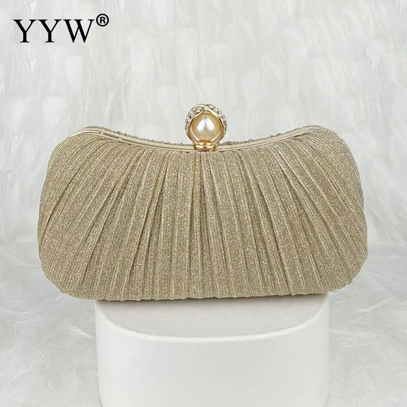 Pleated Evening Handbag Women Crossbody Ladies Day Clutch 2023 Luxury Wedding Dinner Dressed Bag Diamond Party Purse Gold