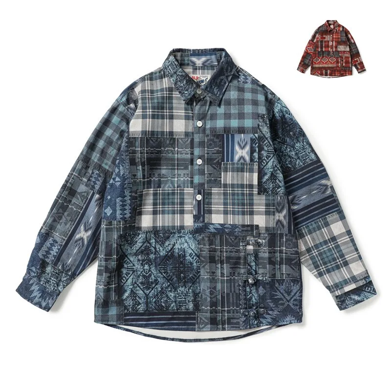 American-style Vintage Irregular Plaid Casual Ethnic Long-sleeved Shirt for Men Autumn Jacket
