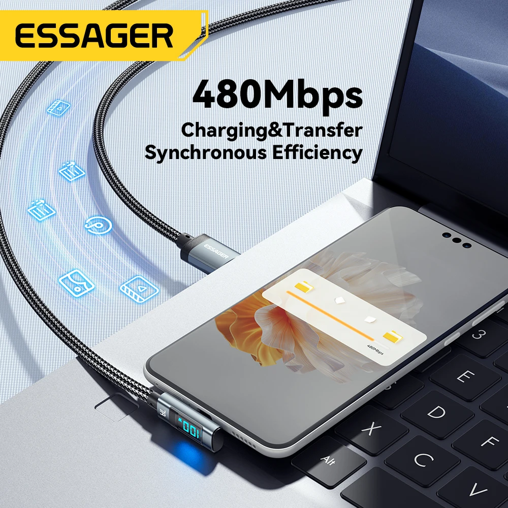 Essager 7A USB Type C Cable Elbow Digital Display Fast Charge USB C Cable For Huawei Mate60 Pro Samsung Xiaomi  Data Type C Cord